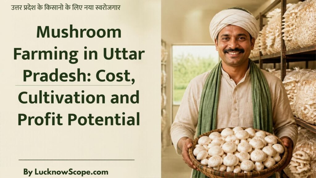 Learn how to start mushroom farming in Uttar Pradesh, including investment, growing methods, hygiene, training, marketing and potential income.